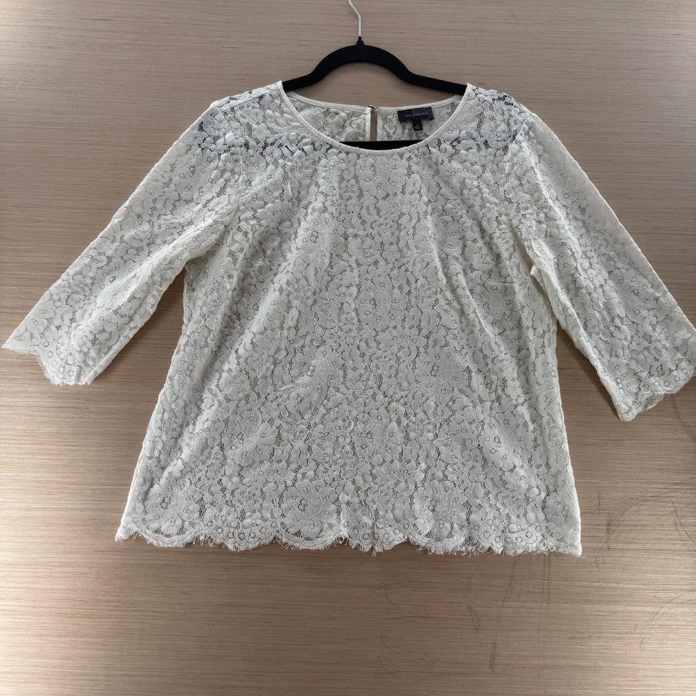 The Limited Cream Floral Lace 3/4 Sleeve Blouse Crew Neck Size L Coquette Boho